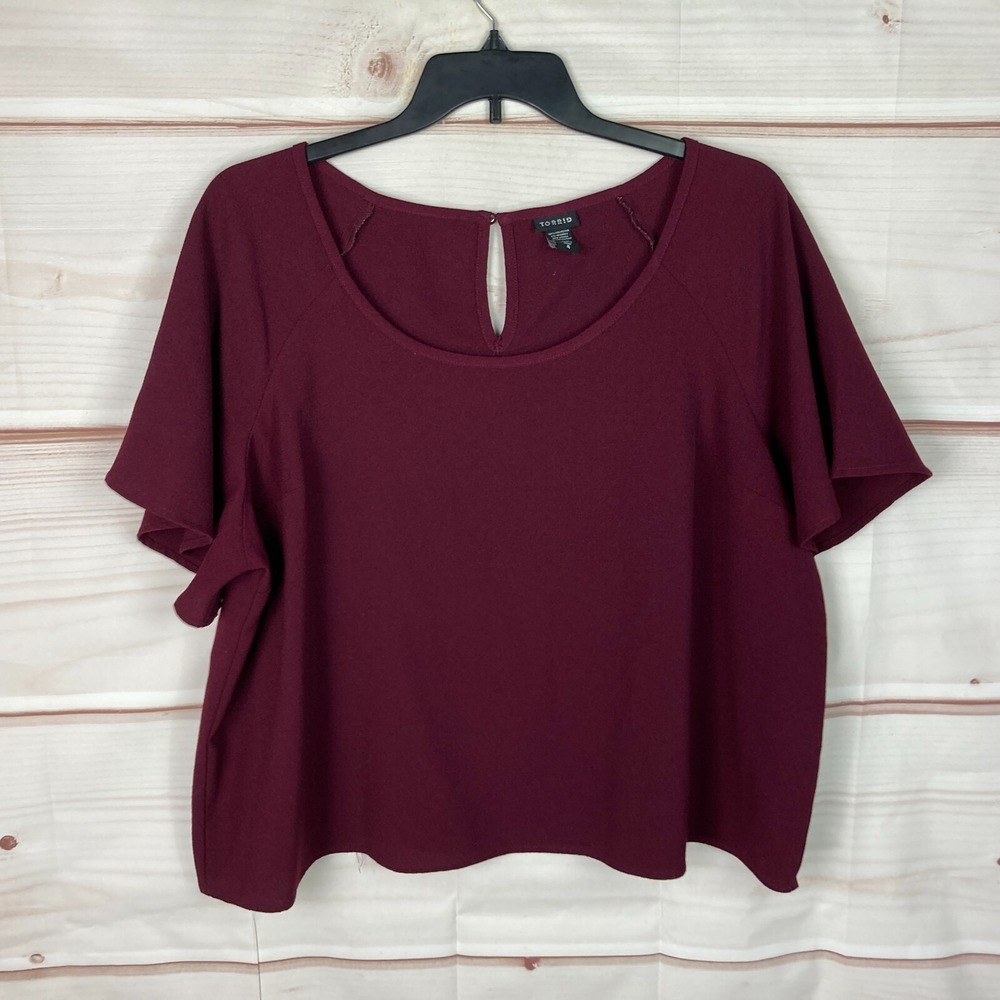 Torrid Top Womens‎ 4 4X Burgundy Flutter Sleeve Blouse Scoop Neck Pullover Solid